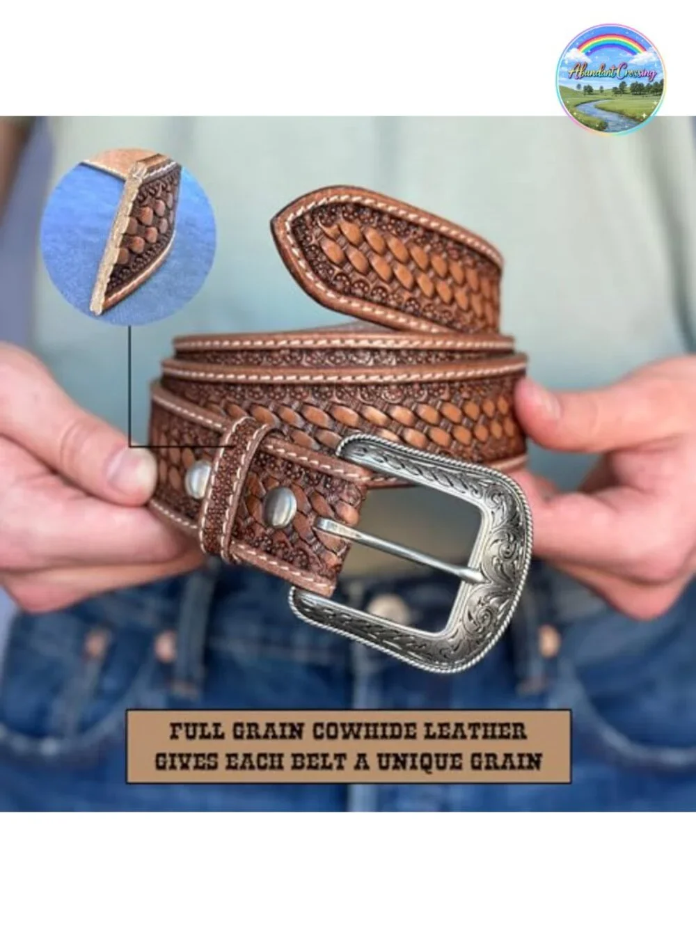 Full Grain Leather Western Belt Men Tooled Embossed 1.5